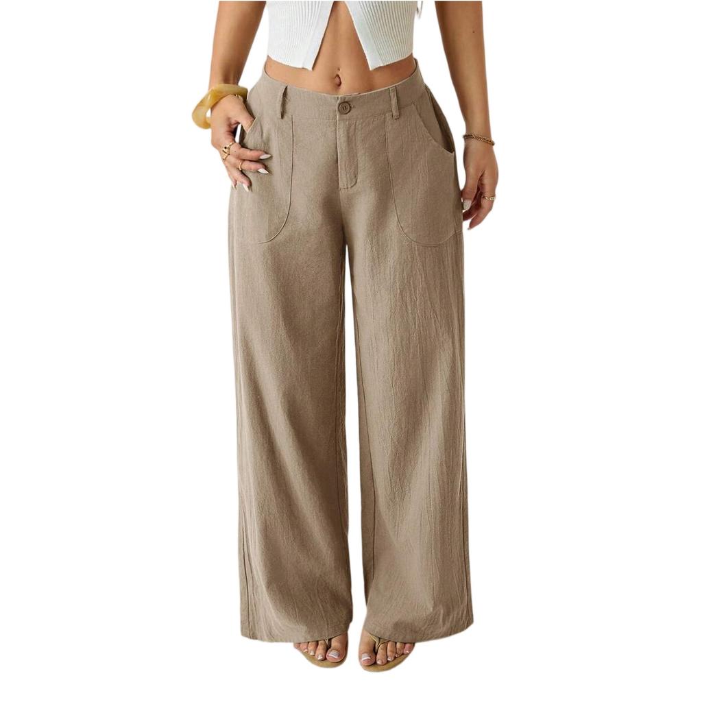 Women's Cotton And Linen Wide Leg Pants, Mid Waist Pants, Casual  Color With Pockets