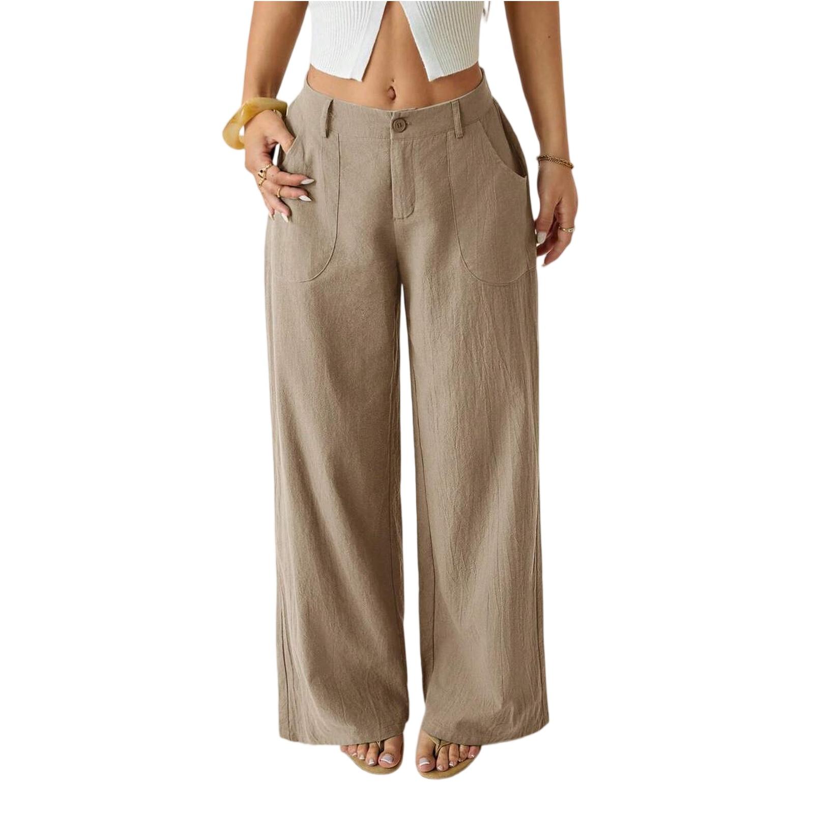 

Women s Cotton And Linen Wide Leg Pants, Mid Waist Pants, Casual Color With Pockets L хакі