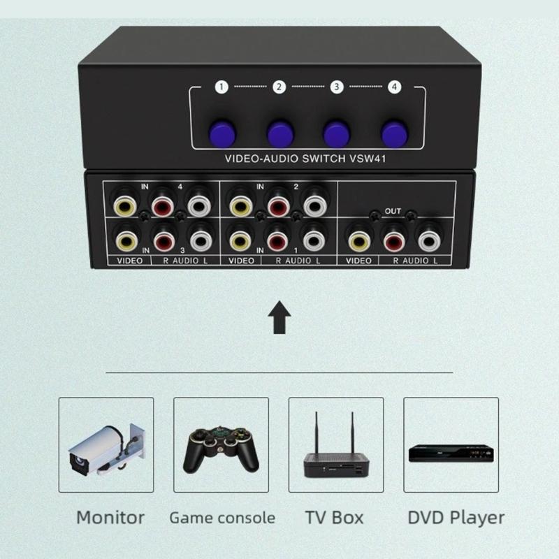 4Input AV Selector Box AV Switcher With Push Button Control Universal Compatibility For Home Studio AV Devices Setup