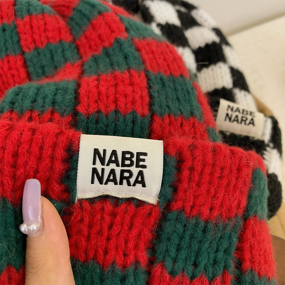 Chessboard Knitted Hat Women's Autumn and Winter Niche Big Head Circumference Wool Hat Showing Face Small Christmas Hat