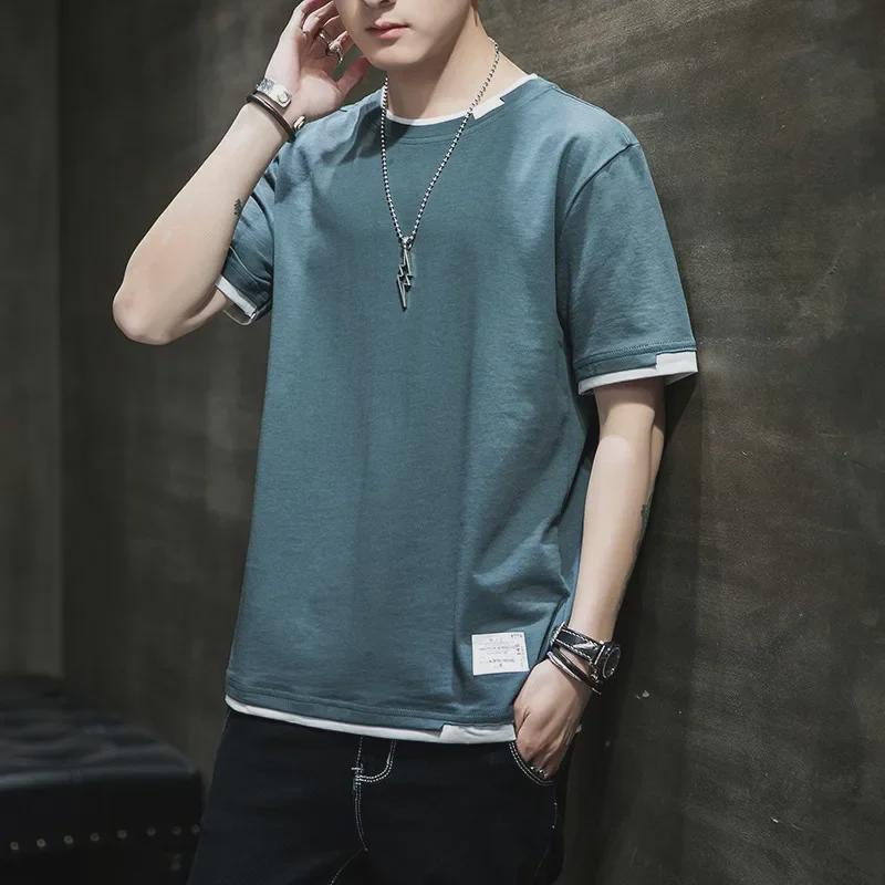 Men's Short-Sleeve Two-Piece Look Cotton T-Shirt, Loose & Breathable Hong Kong Style, Comfortable Spring/Summer Casual Innerwear Trend