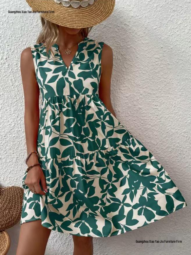V-neck Sleeveless Printed Dress - Summer 2026 European & American Fashion for Women