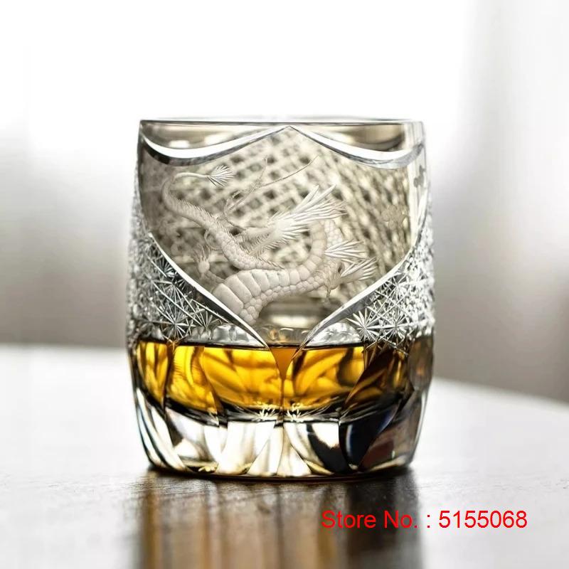 Chinese Style Loong Edo Kiriko Whiskey Glass Hand Engraved Dragon Amber Crystal Brandy Xo Rock Wine Snifter Whisky Cup Gift Box