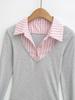 Women's College-Style Faux Two-Piece Striped Patchwork Slimming Long-Sleeve Lapel T-Shirt, Autumn/Winter Korean Style.