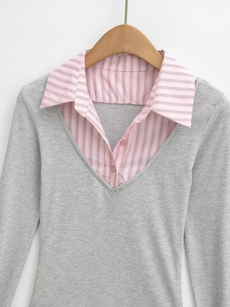 Women's College-Style Faux Two-Piece Striped Patchwork Slimming Long-Sleeve Lapel T-Shirt, Autumn/Winter Korean Style.