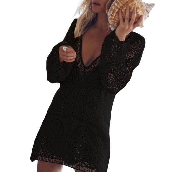 Γυναικείο εξοχικό φόρεμα σε σχήμα V με πλάτη με κούφια εξώπλατη κάλυψη με φαρδιά μακρυμάνικη φούντα Γυναικείο μίνι γιορτινό φόρεμα με λαιμόκοψη V