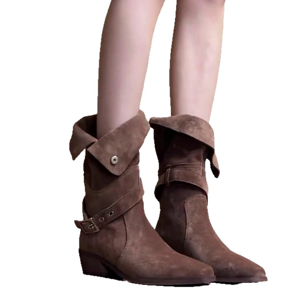 Lan Cabinet Home~ Retro Maillard Style Fold Two Wear Short Boots Women's Thick Heel Skinny Belt Buckle Western Cowboy Boots