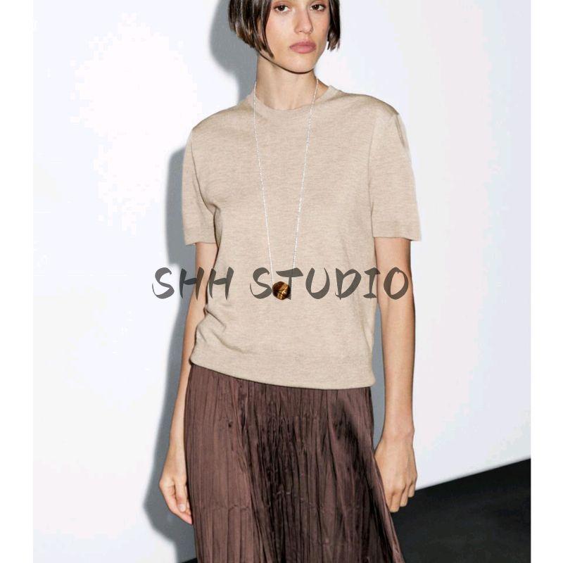 MD Spring/Summer New Arrival Women's Clothing Minimalist Casual Temperament Commute Basic Style round Neck Short Sleeve Knitwear 5664580