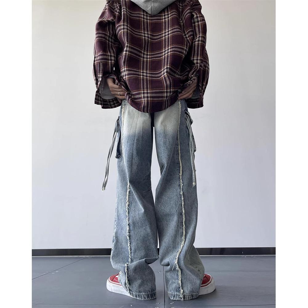 Trendy Brand Retro Ripped Tooling Wide-leg Jeans Men's Autumn American High Street Hiphop Loose Straight Pants