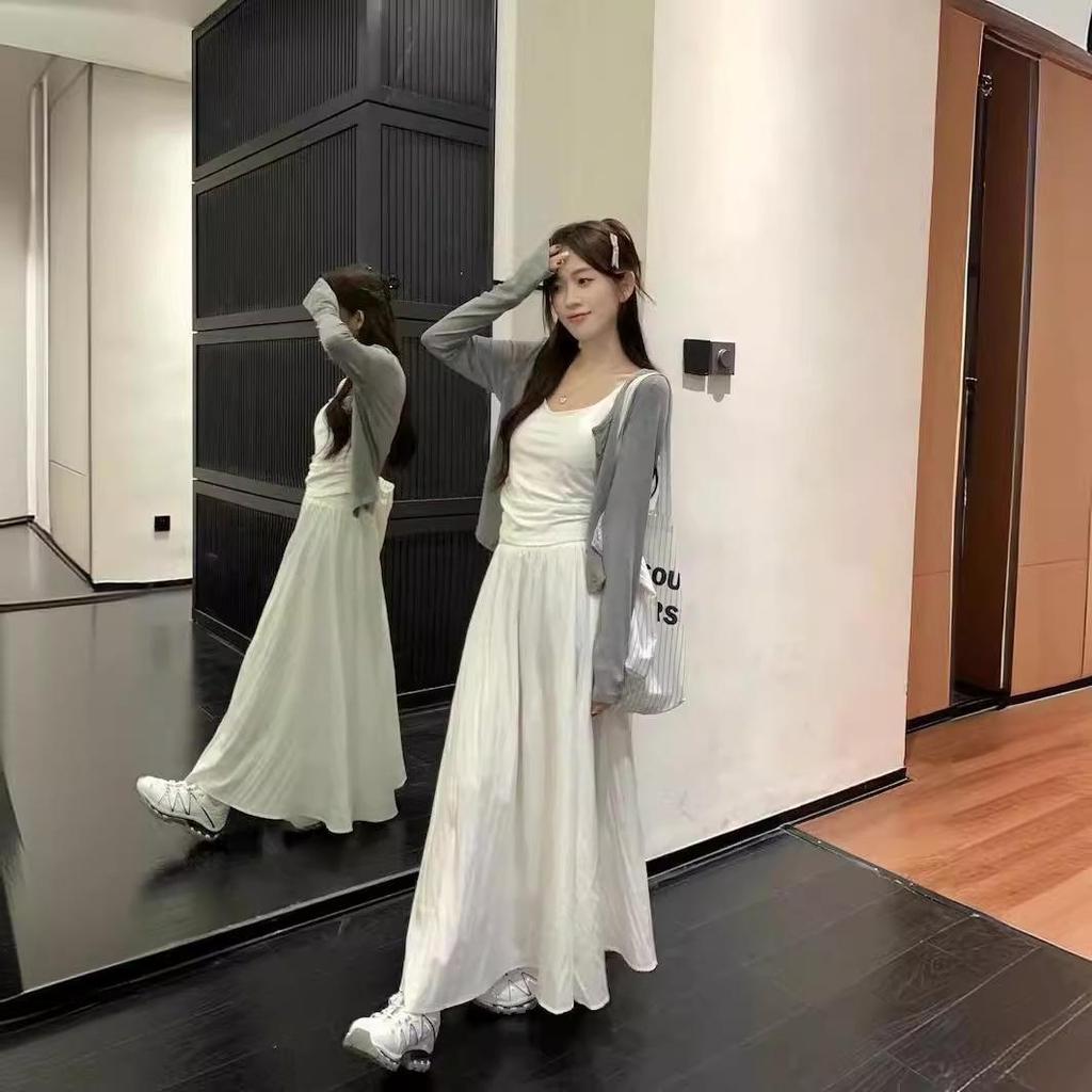 Damesommerhvitt midiskjørt og cardigan tredelt sett - Elegant og moden stil, gudinnevibb, langermet