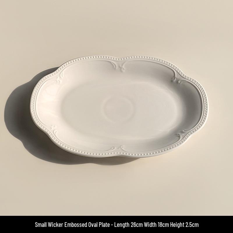 Attitude Life French Light Luxury Pure White Embossed Ceramic Dinnerware Set - Dessert & Western Food Plates.