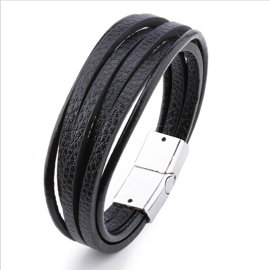Men's Leather Bracelet Magnetic-Clasp Cowhide Braided Multi-Layer Wrap Bangle Stylish Accessory for Men