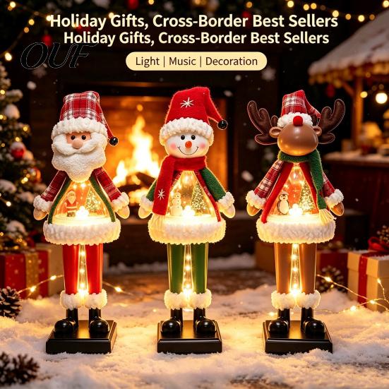 Vintage Christmas Table Centerpieces LED Lighted Figurine, Swirling Glitter Santa Claus Elk Snowman Musical Reindeer Decoration with Music for Holiday