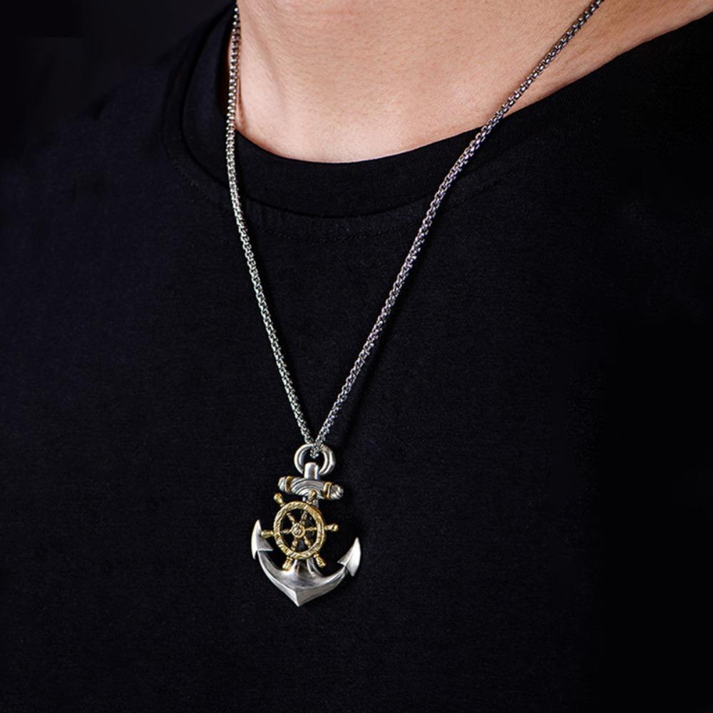 Nuova Collana da Uomo Retrò Nave Pirata Blu Ancora Ciondolo Timone Rotante Punk Moda Gioielli Accessori Regalo