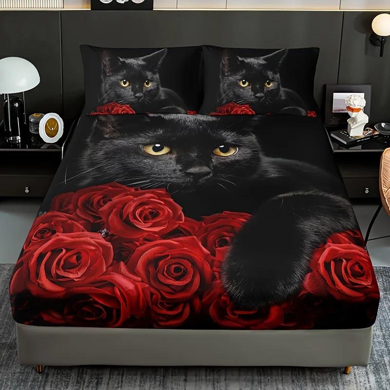 

Breathable Black Cat and Red Roses Bedding Set Polyester Animal Print Sheet Pillowcase Sets with Fitted Sheet and Pillowcases 99x190x25cm