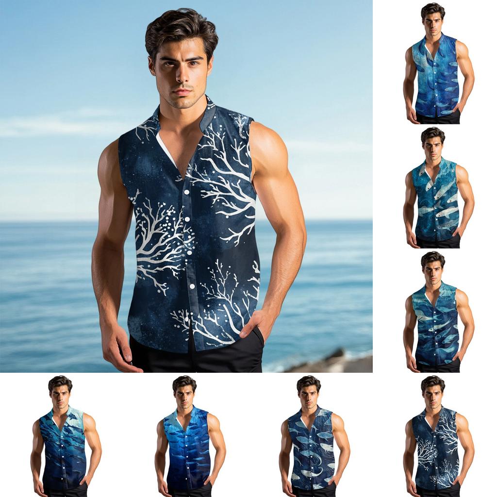 Men's Fashion Printed Sleeveless Lapel Button-Down Shirt Vest Top