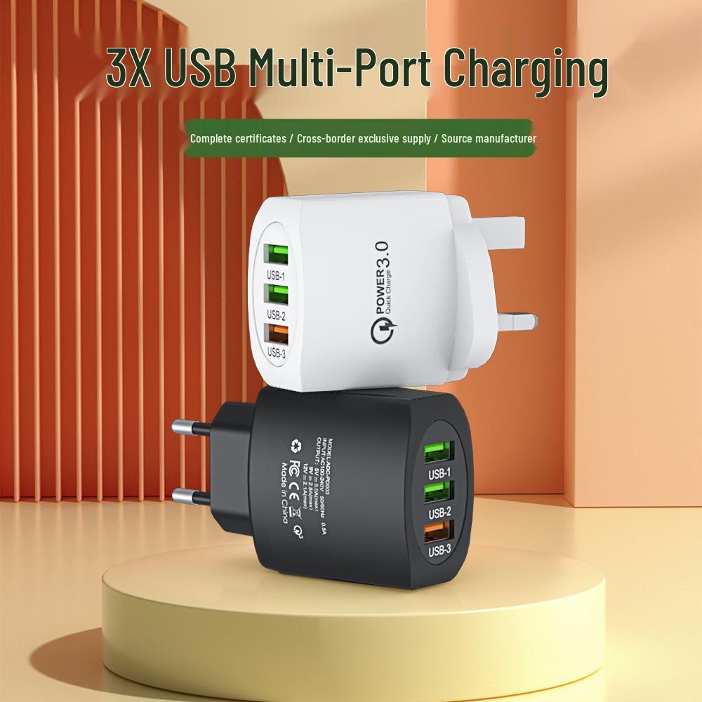 QC3.0 3-USB Multi-Port Charger: 2.4A Fast Charging Head for EU, US, UK Standards.