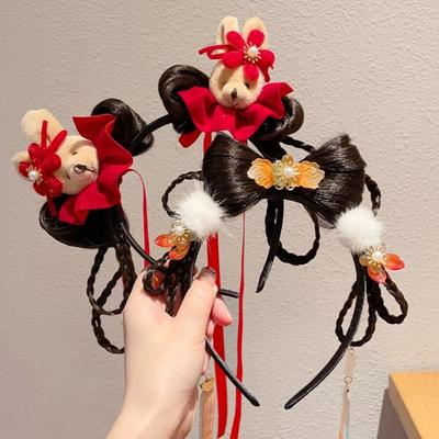Flower Children Wig Headband Tassel Hanfu Hair Sticks Simple Chinese New Year Headwear  Girls