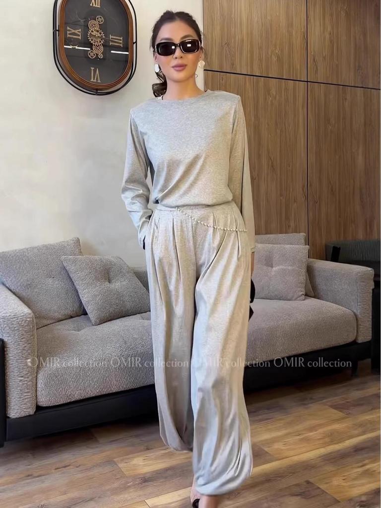 Spring 2026 Women's Solid Color Loose Long Sleeve Top & Wide Leg Pants Suit