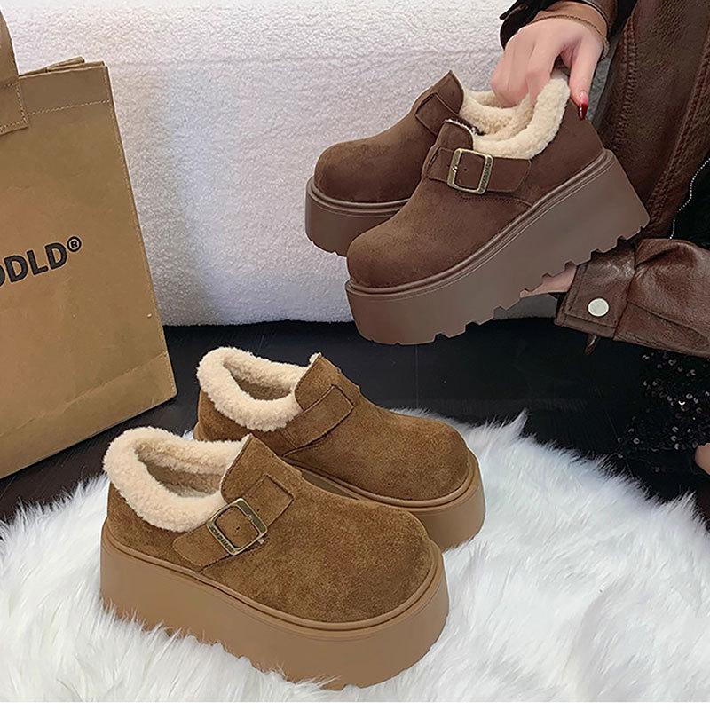 Small Muffin Thick-soled Women's Leather Women's Shoes Autumn and Winter New Velvet Heightening One-pedal Loafer Cotton Shoes