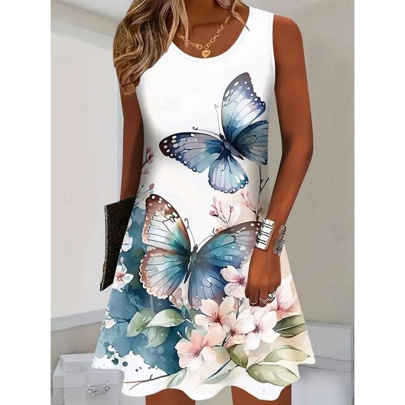 Women s Sleeveless O-Neck 3D Print Midi Dress Slim Fit Knee Length Casual Party Holiday Dresses S