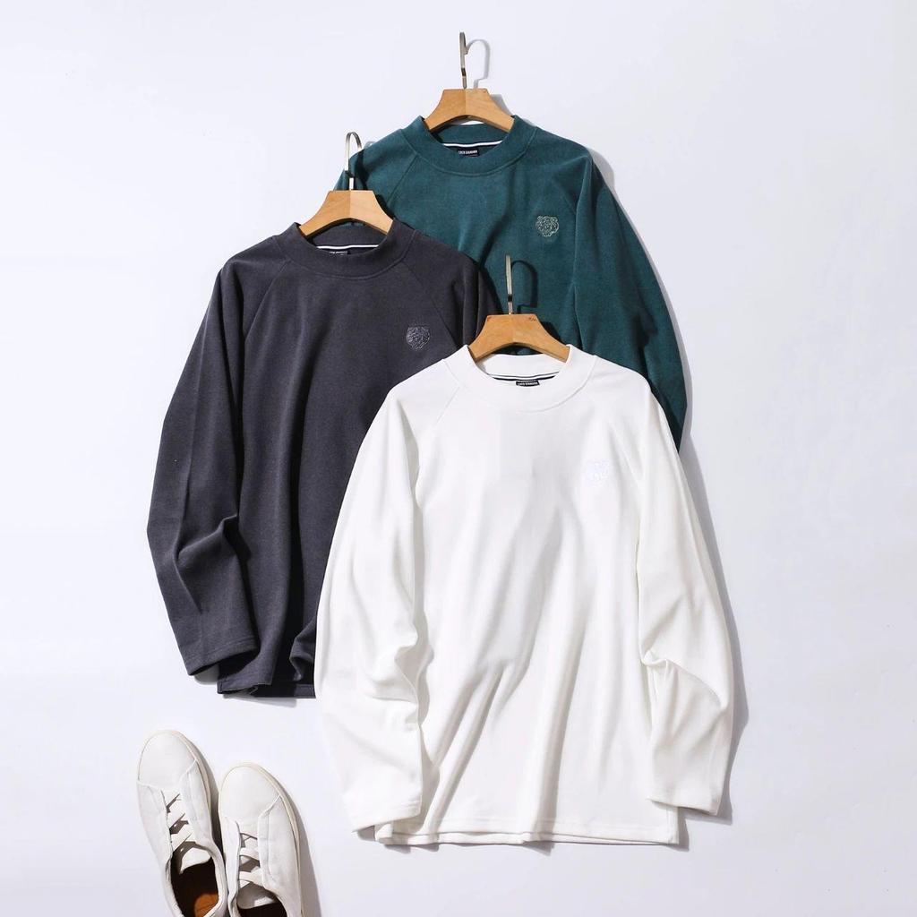 Men's Double-Sided Plush Raglan Sleeve Warm Half-High Collar Embroidered Hoodie