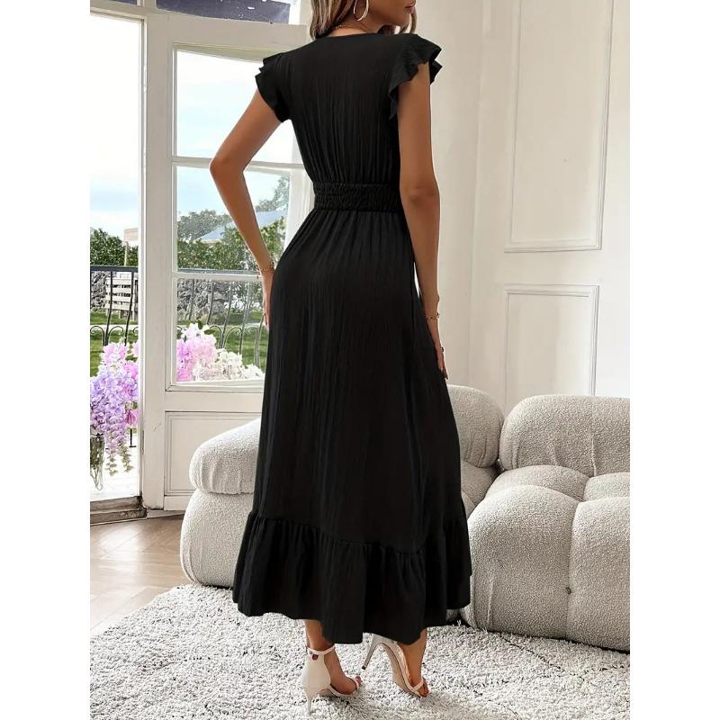 Fashion Summer Short Sleeved Elegant Casual Dress Solid Color Cross V Neck Simple Sleeveless Ruffled A-line Party Long Dresses Loose Women's Clothing