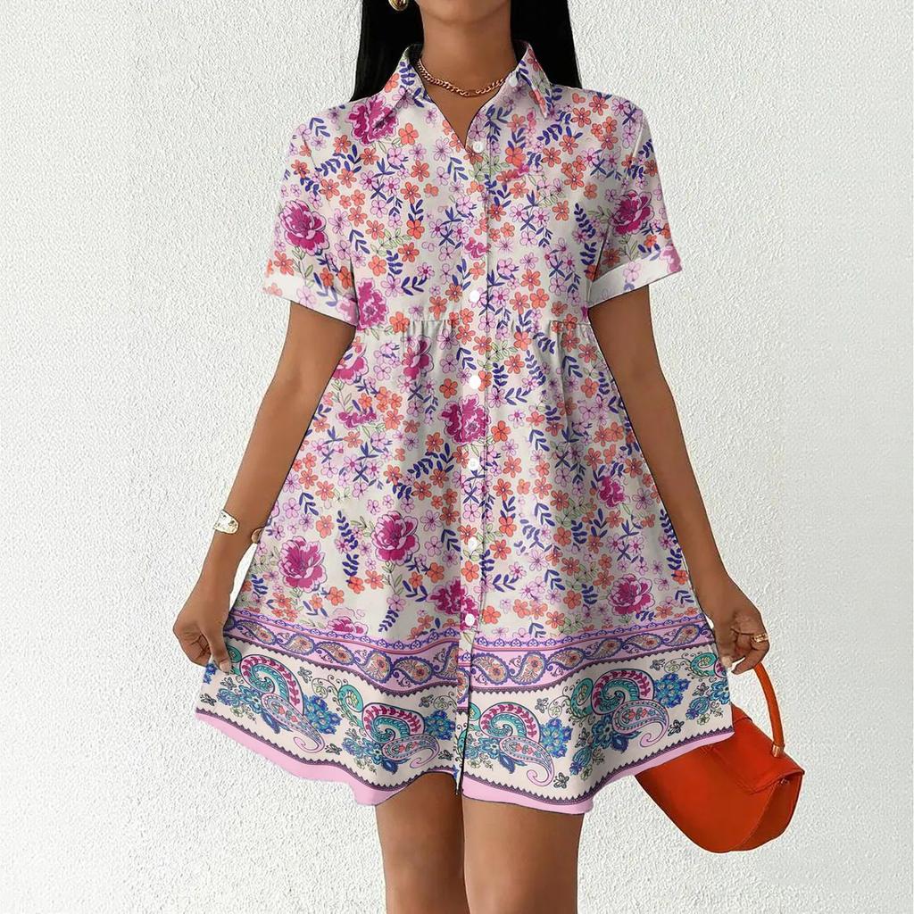 Women's Casual Loose Fit Shirt Dress Button Front Short Sleeve Collar Dress with Floral Print and Border Pattern Suitable for Daily Wear