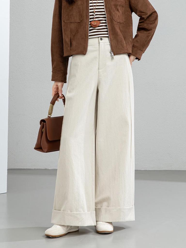 Xin Ge Women's Spring Tencel Cotton High Waist Wide Leg Pants with a Lazy Style Design