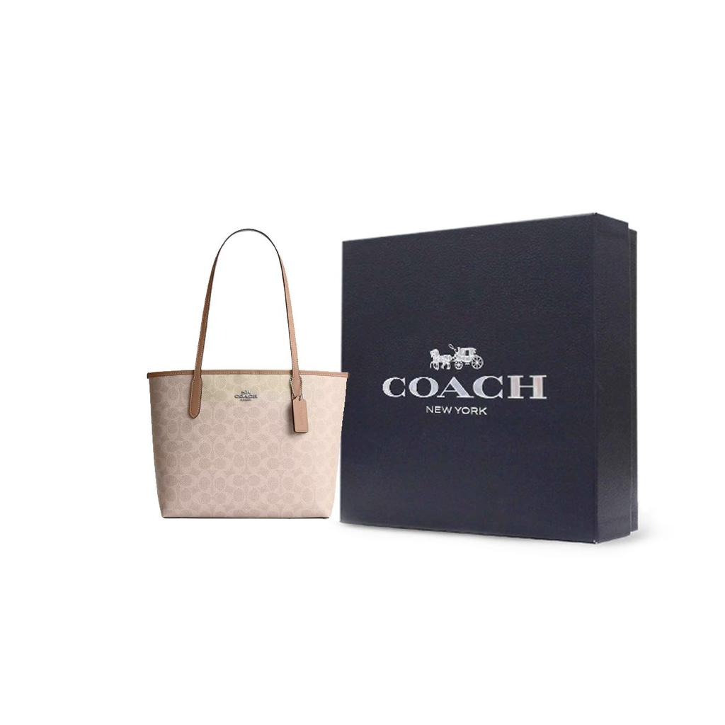 Coach Stadtlogo beschichtete Canvas-Tragetasche Damen-Tragetaschen Grau Braun CDX82-SVPWH