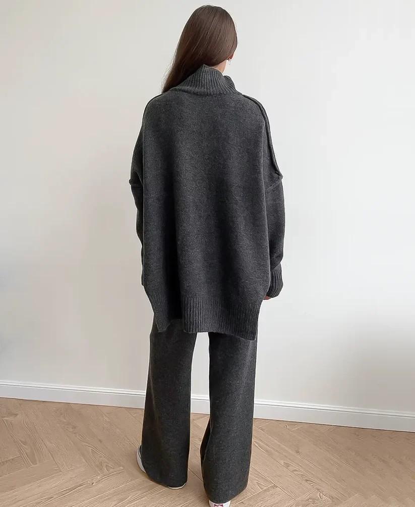 Solid Color Loose Turtleneck Knit Sweater Wide Leg Pants Suit