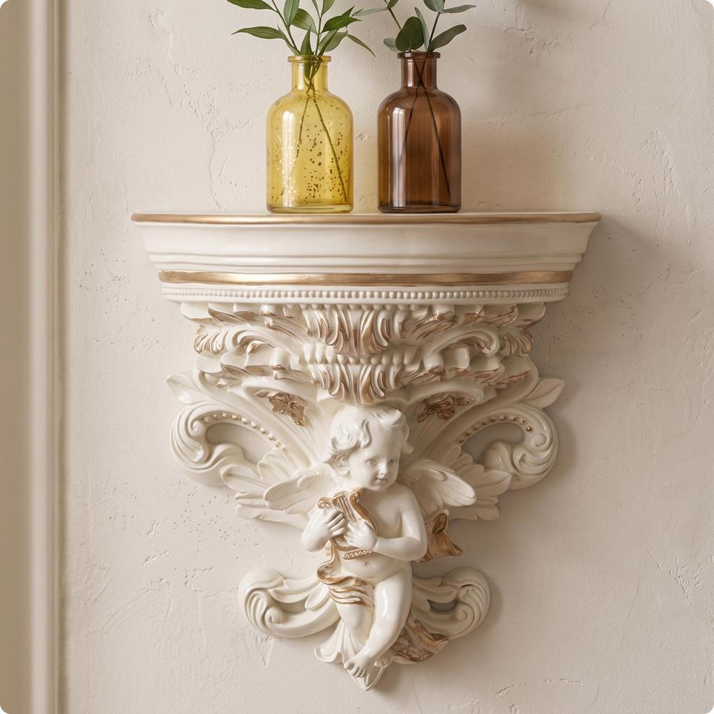 Wall-Mounted Shelf with Angel Gold-Accented Display Ledge Elegant for Bedroom
