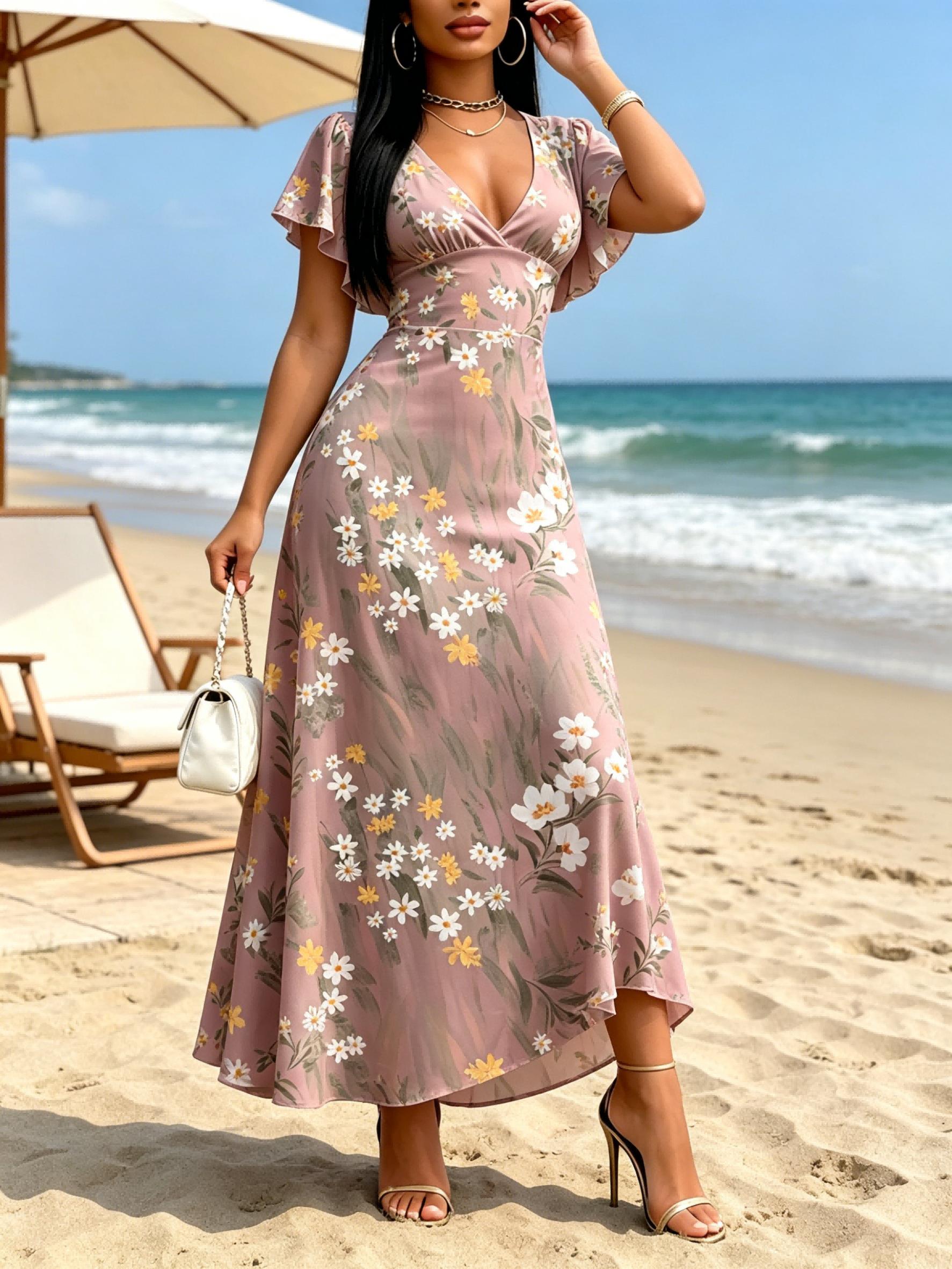 Women s Dusty Pink Floral Print Maxi Dress Deep V Neck Casual Beach Dress XS