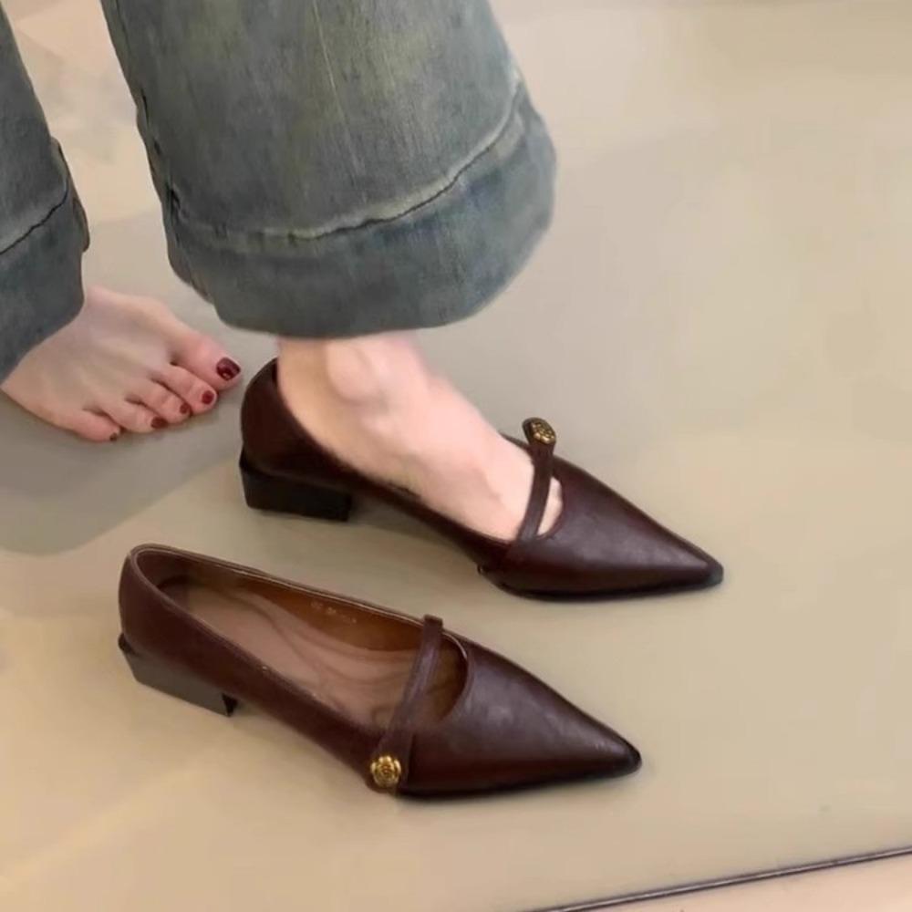 Fashion Retro Mary Jane Shoes Women's Spring Autumn Brown Light Mouth High Heels One Button Thick Heels Pointed Toe Temperament Pumps