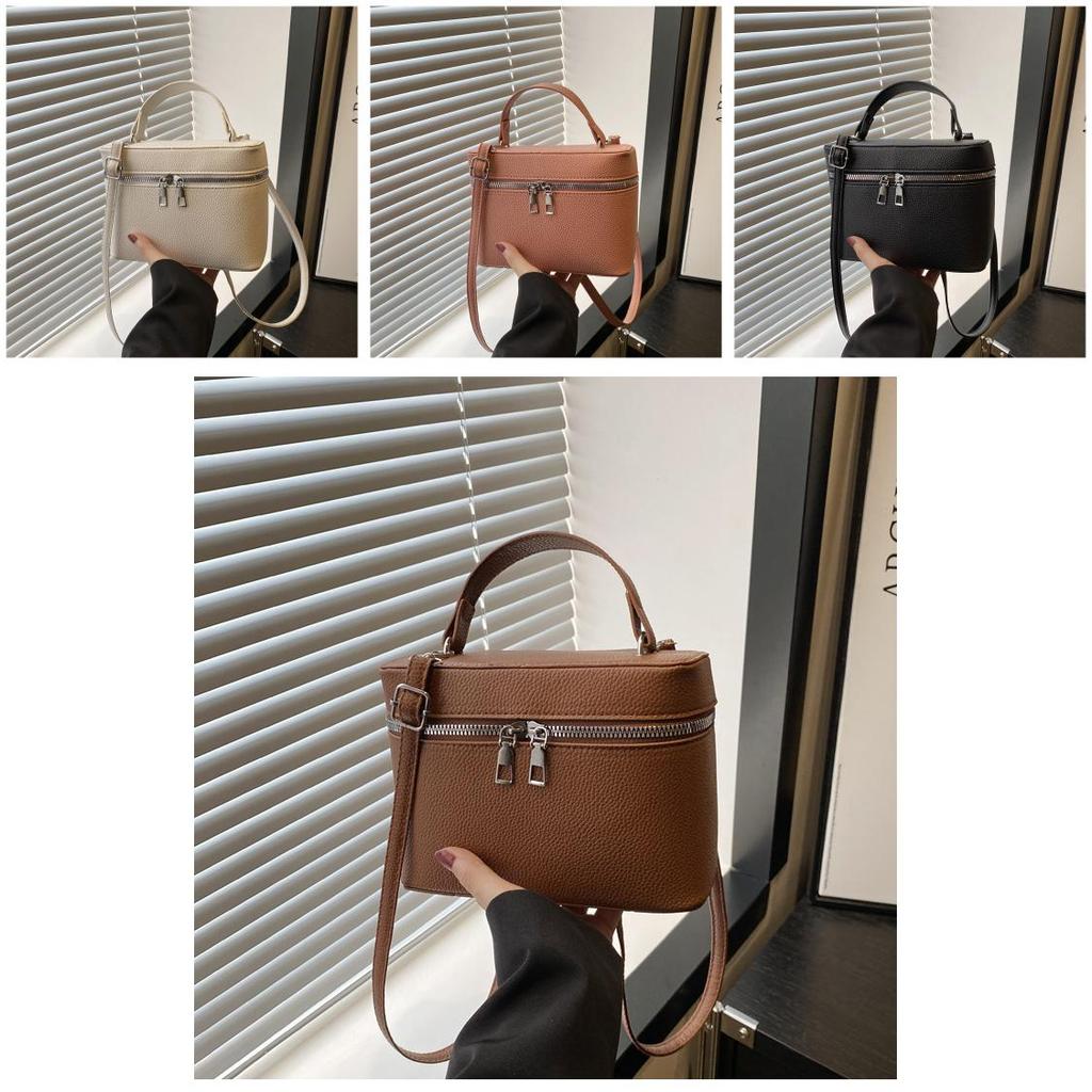 Solid Color Lychee Texture Embossed Shoulder Square Bag With Zipper Closure For Daily Use