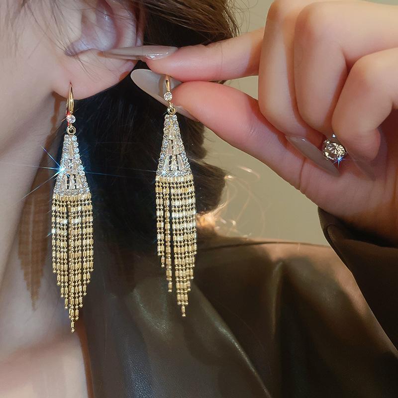 European and American Silver Needle Zircon Fringed Earrings Light Luxury High-end Atmospheric Earrings Niche Earrings Women