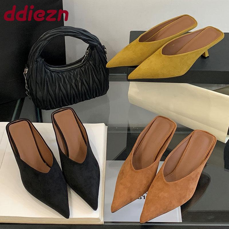 Fashion Fashion Pointed Toe Ladies Medium Heels Slippers Shoes Female Slides Heeled Slippers Sandals Shoes For Women Mules 2025 New