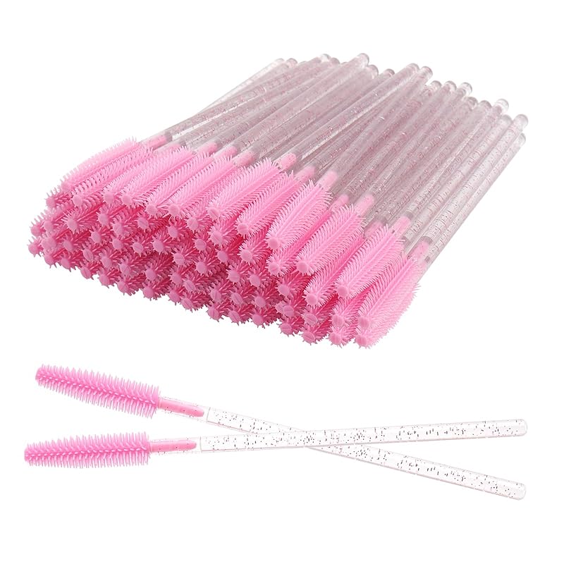 50 pcs Glitter Disposable Mascara Brushes Crystal Silicone Eyelash Brushes Mascara Wands Applicator Eyelash Extensions Makeup Tools Eyebrow Brush All pink