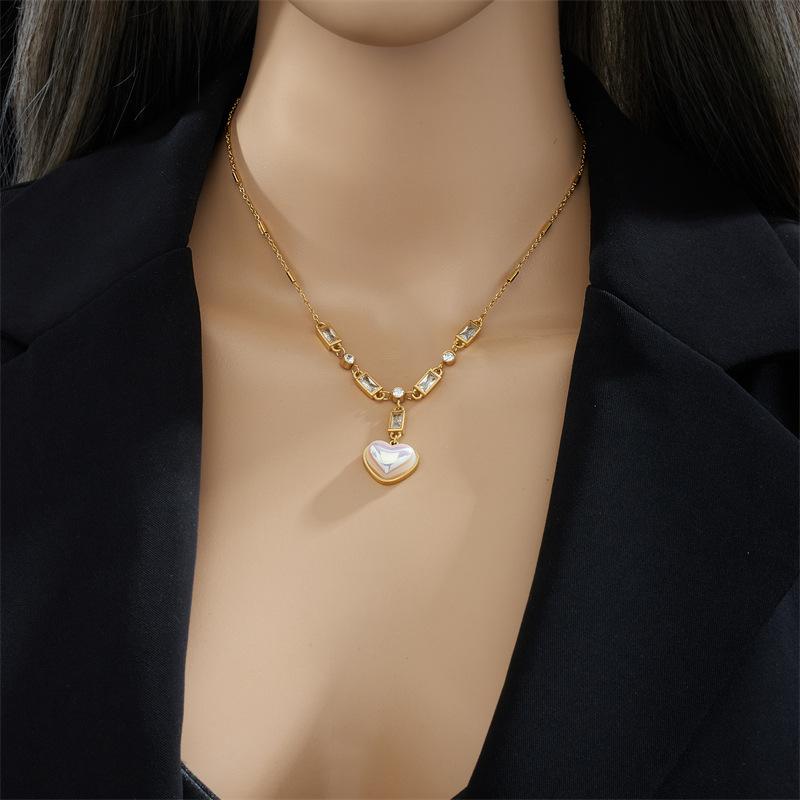 Ladies Titanium Steel Square Zircon Pearl Heart Pendant Necklace Jewelry one size