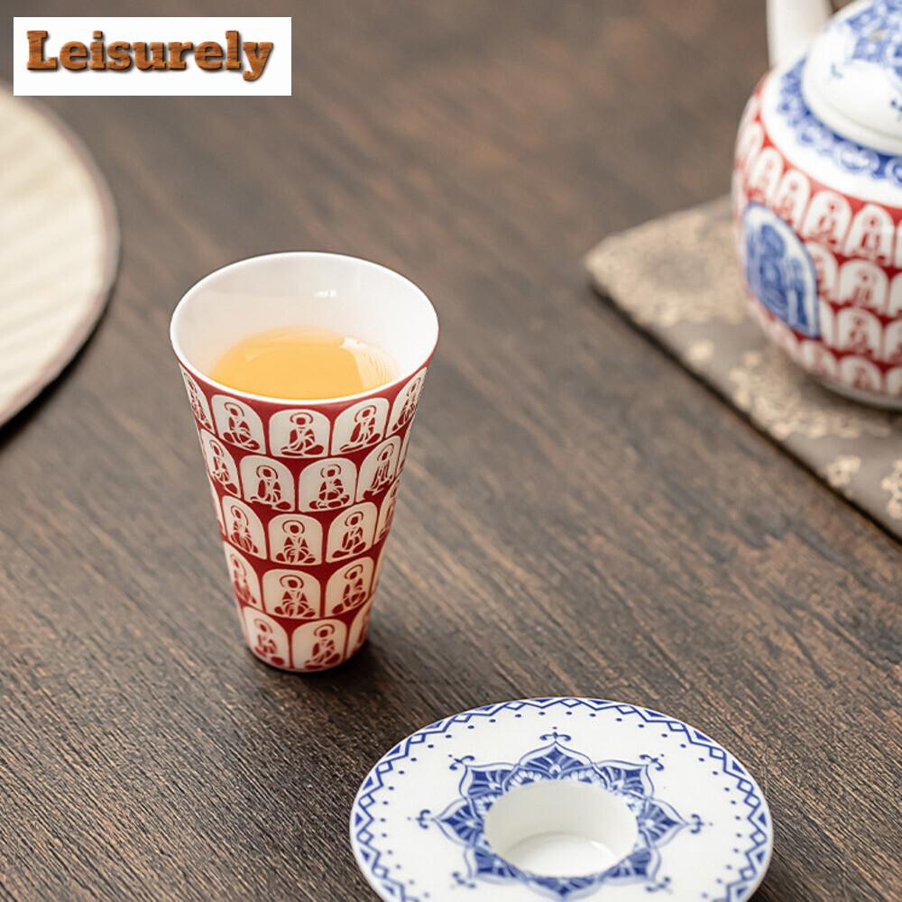 35ML Creative Thousand Buddha Teacup White Porcelain Red Dust Cup Saucer Set Tea Bowl with Holder Kit Personal Chazahan Teaset