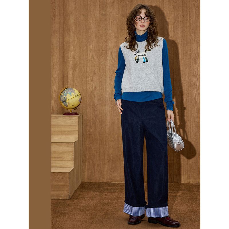 Coolhut Preppy Style Blue Plaid Contrast Corduroy Straight-Leg Slimming Winter New Women's Casual Pants