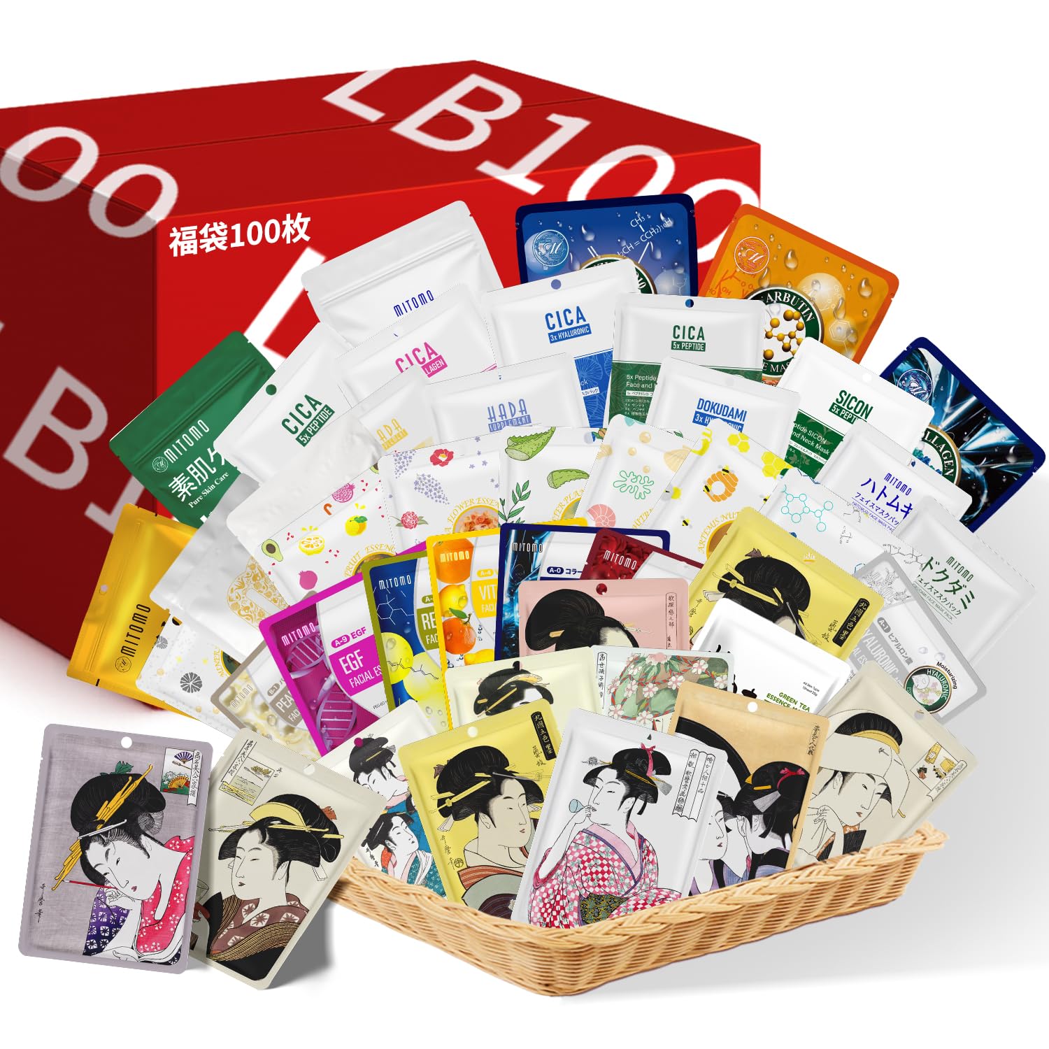 

MITOMO Сделано в Японии Мешок удачи Мешок удачи Увлажняющая Большая емкость Маска для лица Случайно выбрано из всех продуктов 100 штук [LBJL000100]