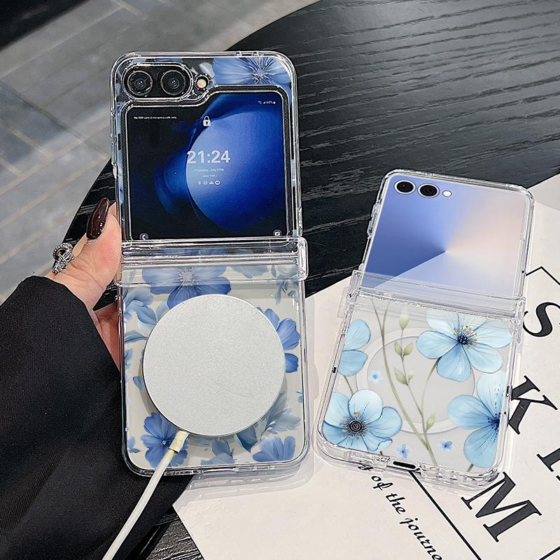 For Samsung Z Flip 7 6 5 4 Case Magnetic For Magsafe Blue and White Flowers Hinged Hard PC Folding Cover For Galaxy Z Flip7 Flip6 Flip5
