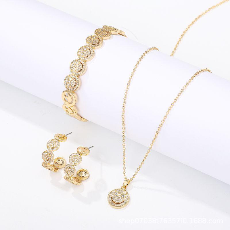 

2026 Retro Bracelet Smiley Face Zircon Earrings Necklace Jewelry Set Micro-inlaid Hollow Female Versatile Collarbone Chain 45CM