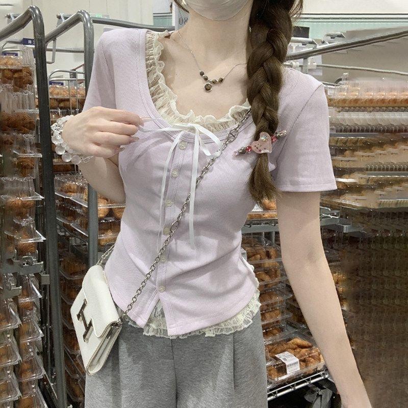 Korean version of pure lace lace splicing fake two-piece T-shirt summer new design short-sleeved top women