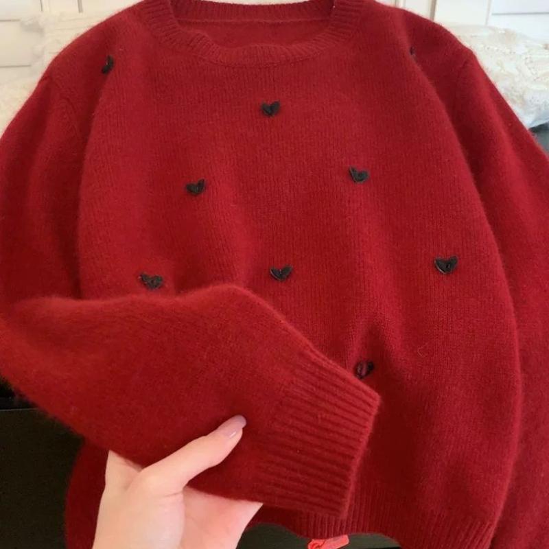 Minimalistische Strickware im koreanischen Stil mit Herzmuster, Langarm, lockerer Pullover, vielseitiger, lässiger Pullover für Damen