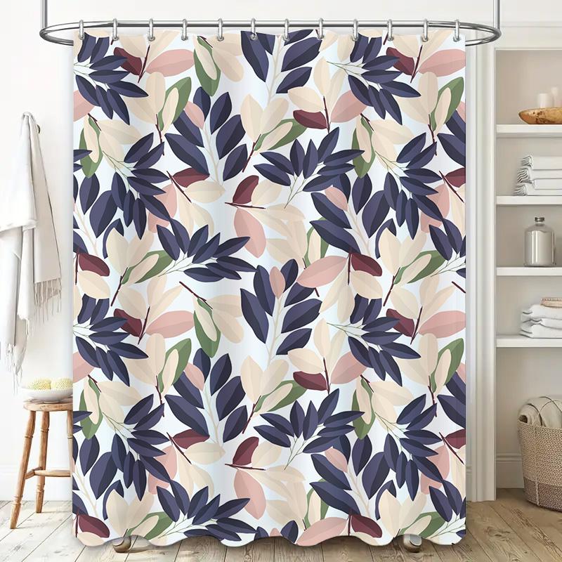 Leaf Pattern Shower Curtain Set Navy Blue Pink Floral Design for Bathroom Decor