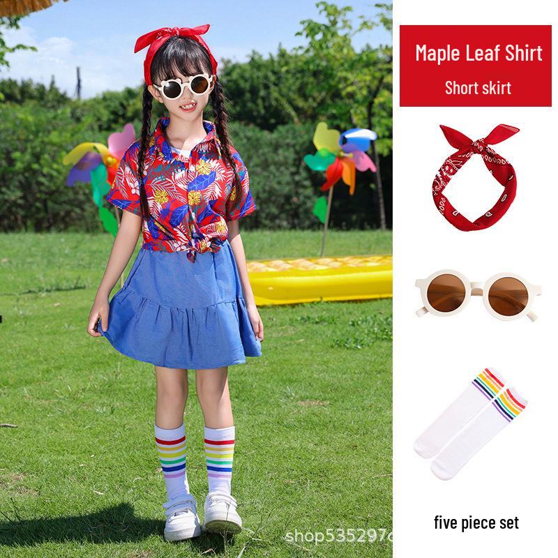 In-Stock Hong Kong Style Floral Cheerleading Uniforms for Boys & Girls - Short Sleeve Performance Costumes (Kindergarten)
