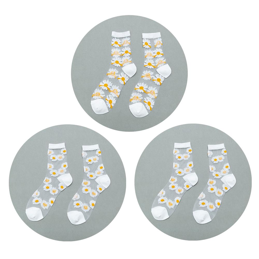 3 Pairs Of Women's Flower Socks Summer Crystal Glass Stockings Medium Short Tube Thin Transparent Daisy  Jacquard Elastic  Socks