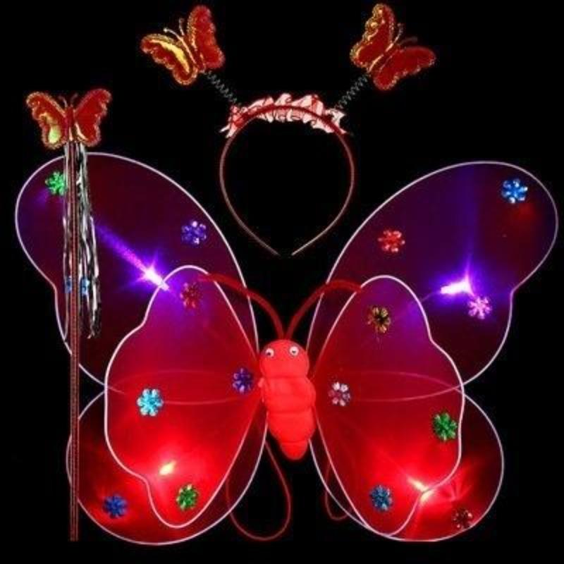 3Pcs/Set Double Layers Girls Led Flashing Light Fairy Butterfly Wing Wand Headband Costume Toy Gift Halloween Decoration